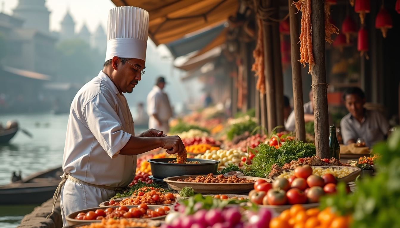 adventurous chef tasting local dishes by the Nile, bustling market scene with colorful ingredients
