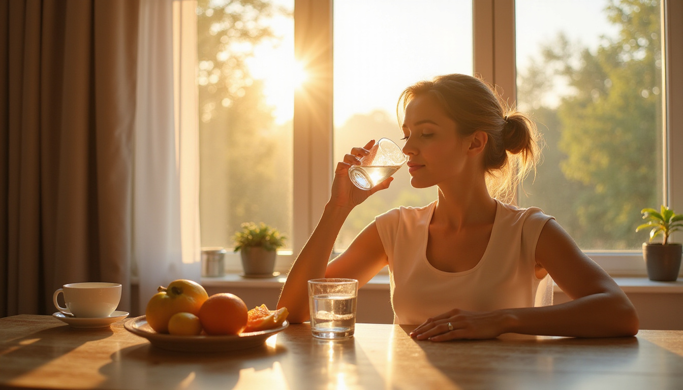 Woman practicing intermittent fasting, drinking water, morning sunlight through window
