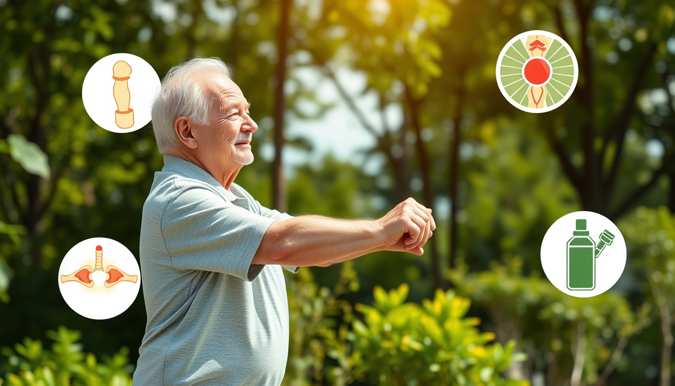 active elderly person stretching outdoors, vibrant greenery, symbols of joint health and lubrication