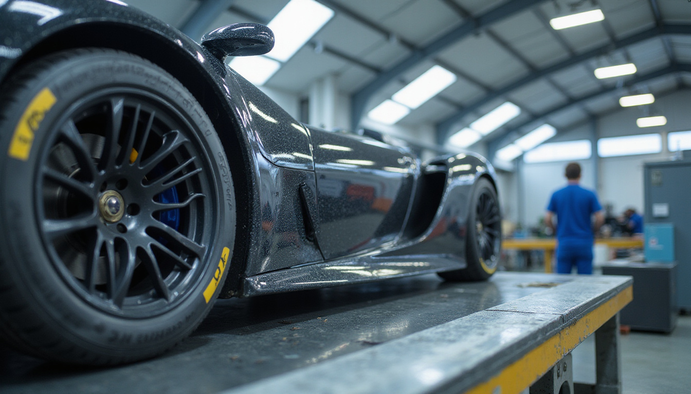  detailed close-up of advanced composite materials being molded for high-performance racing car parts in clean workshop