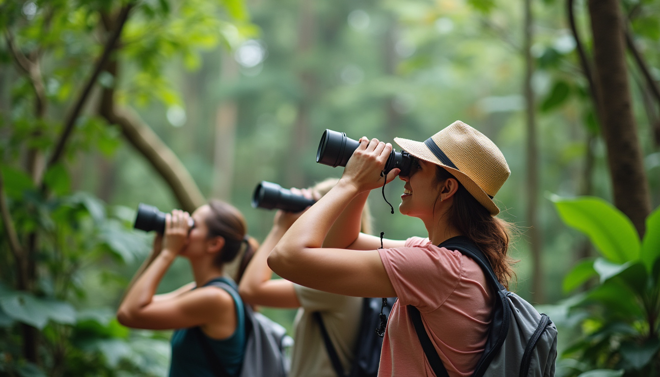  Enthusiastic birdwatchers with binoculars spotting exotic birds amidst Bali’s dense greenery, peaceful atmosphere