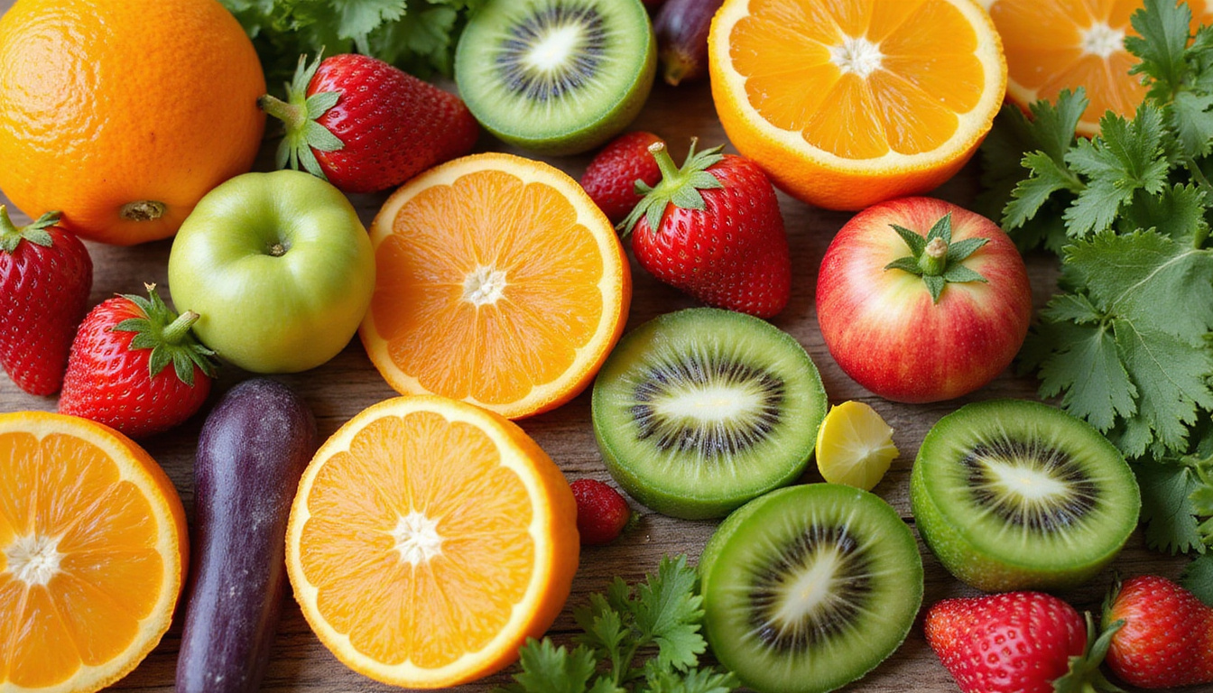vibrant fresh fruits and vegetables spread, promoting healthy gut digestion