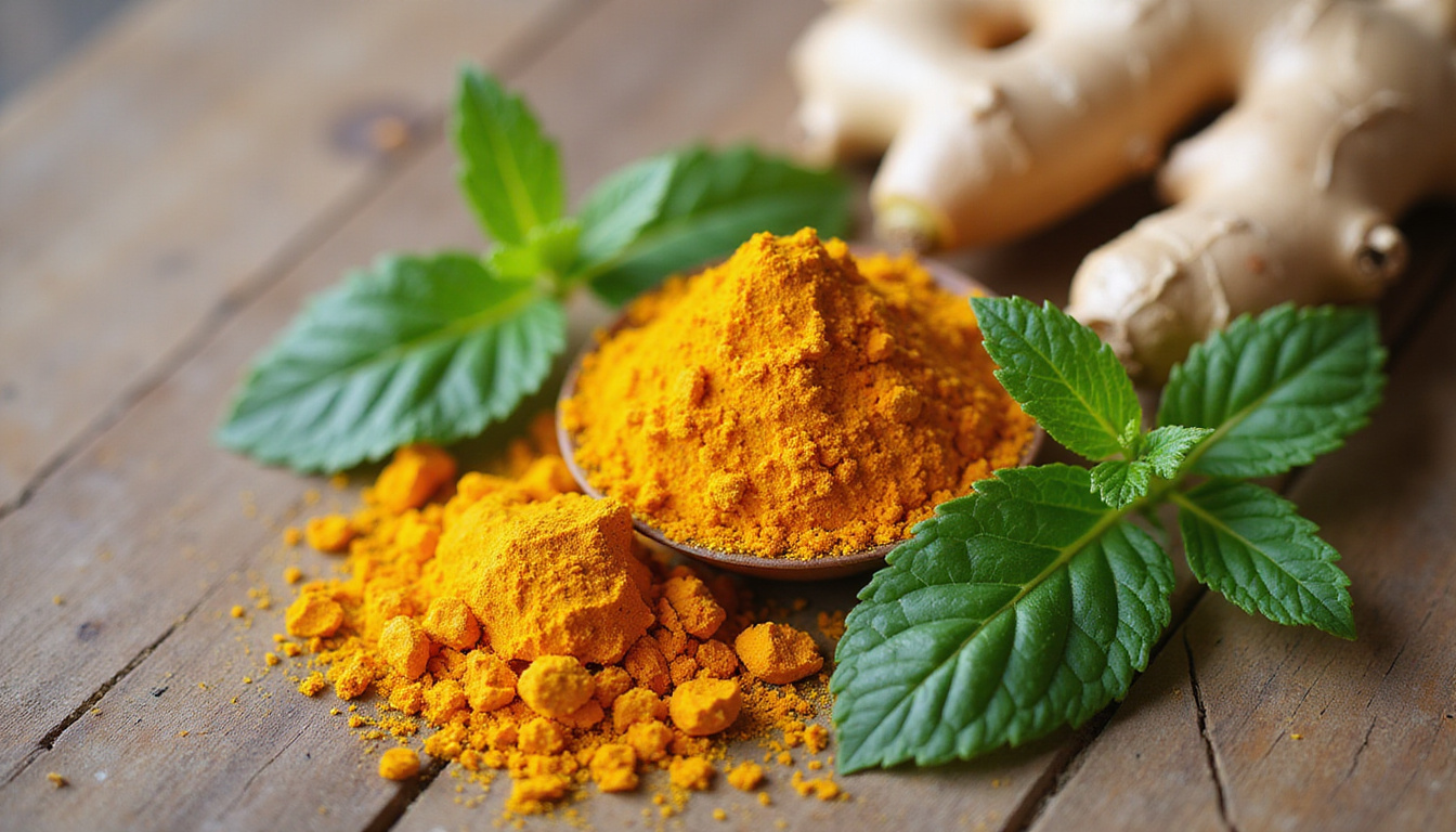 close-up of turmeric, ginger, and peppermint leaves on wooden table, natural healing ambiance
