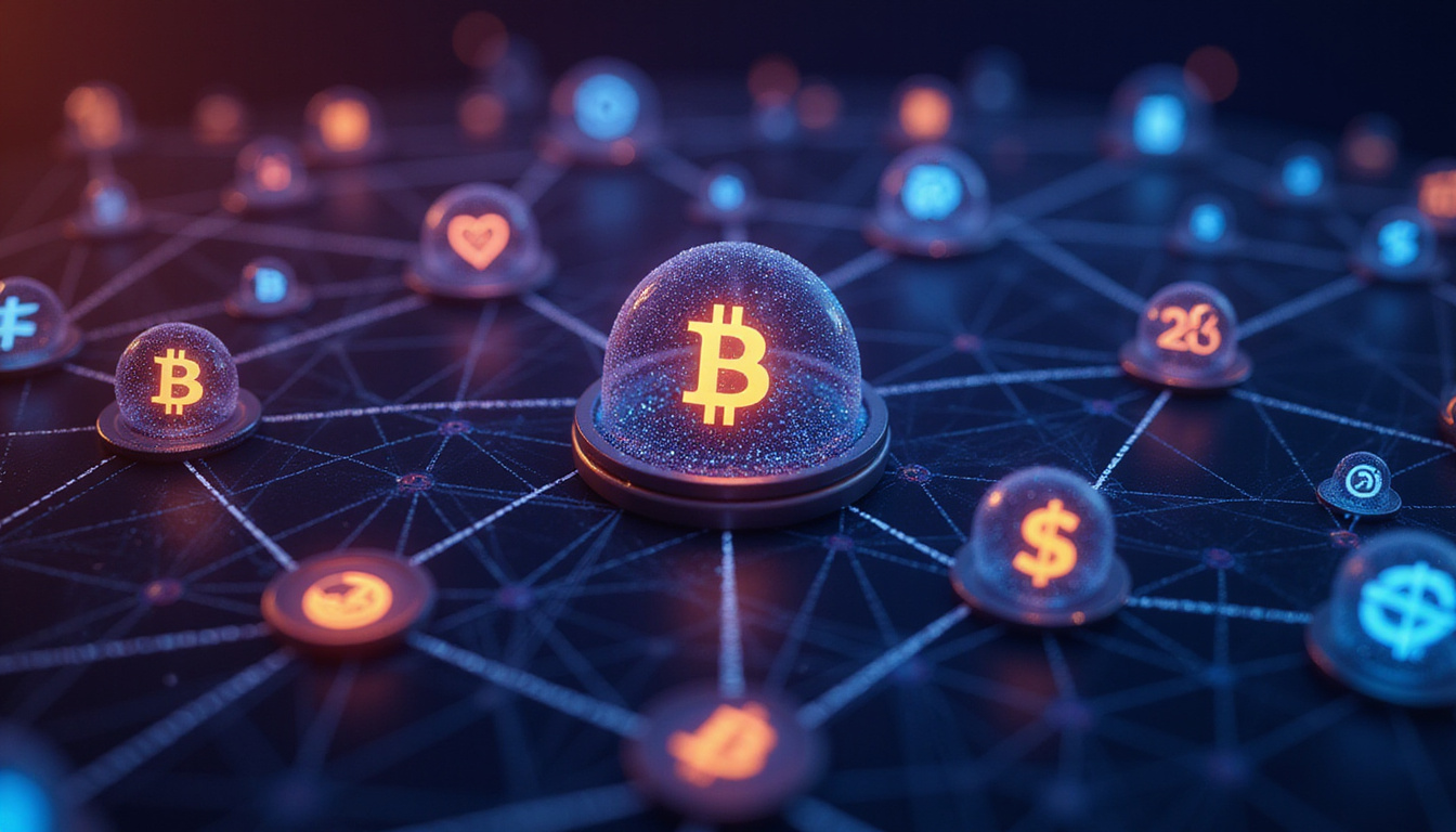  abstract blockchain network connecting diverse digital financial icons