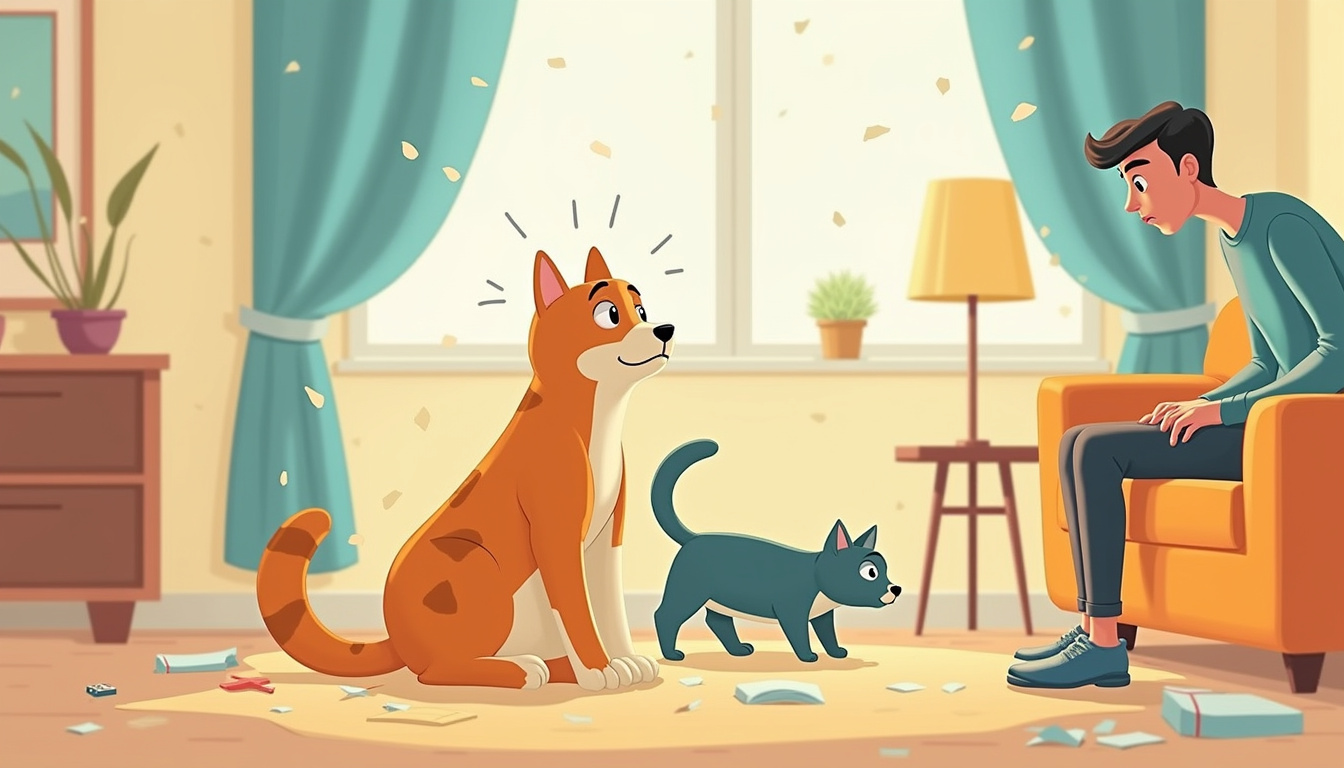 Concerned cat spraying indoors, frustrated owner, messy living room, pet behavior problem