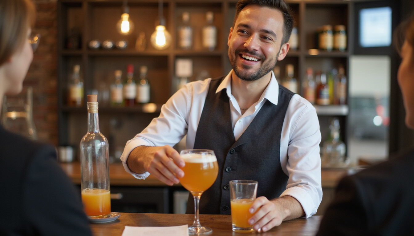 cheerful bartender explaining drink menus during alcohol server training session