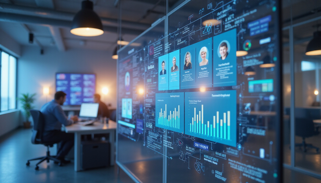 digital interface showing customer profiles merging, vibrant charts, seamless data integration in modern office