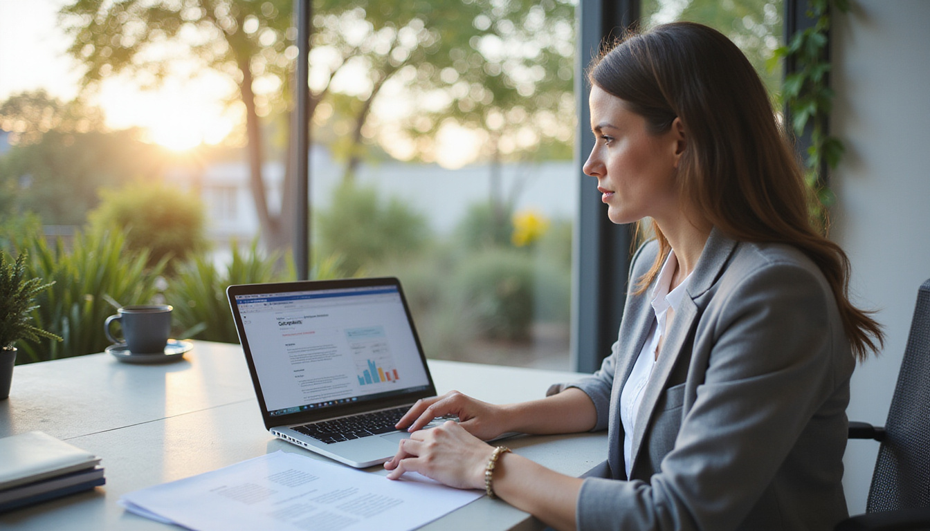  small business owner reviewing government contract documents with laptop outdoors