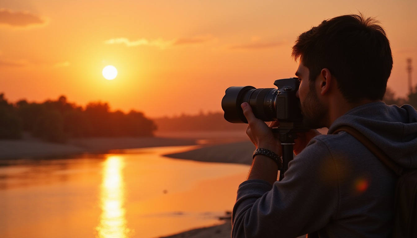 Photographer with camera capturing vivid golden hour sunset over the tranquil Nile River, warm glowing light