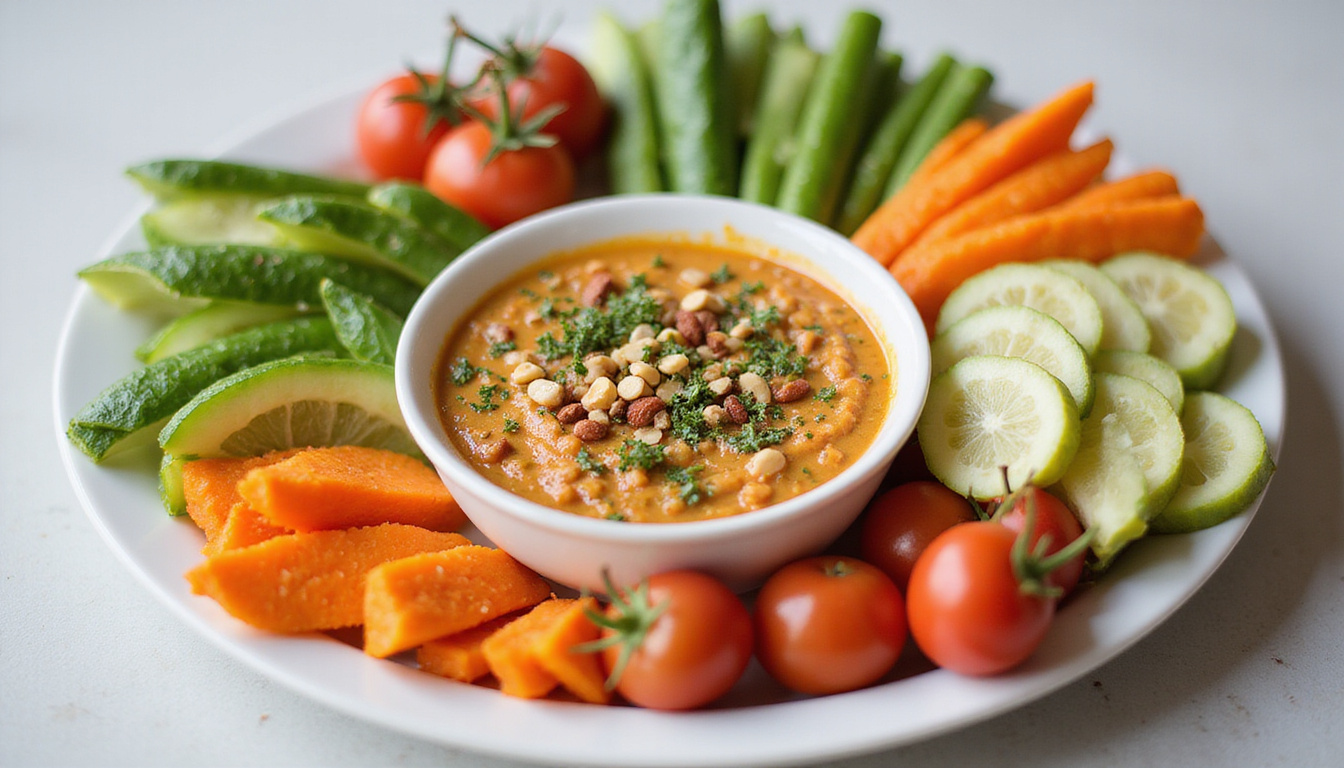 close-up of healthy keto-friendly dips with herbs, nuts, and vibrant veggie sticks on white platter