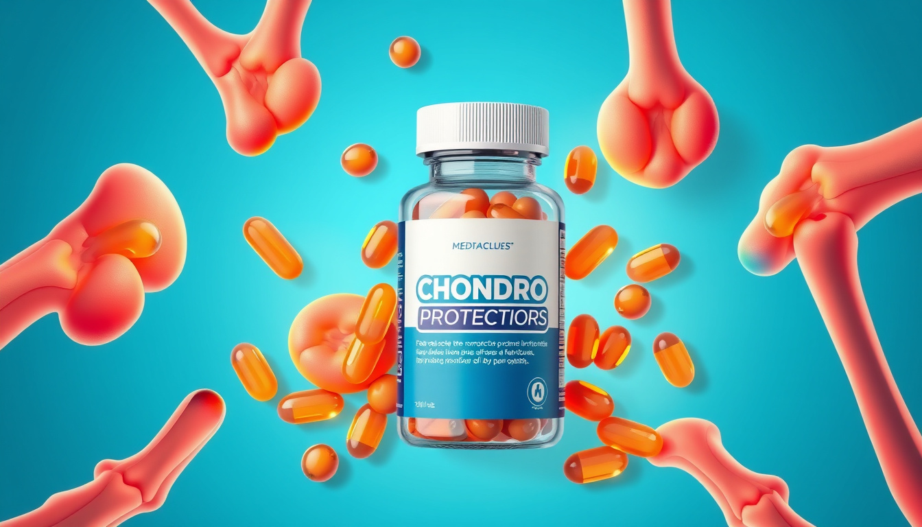 Bottle of chondroprotectors capsules surrounded by illustrated cartilage and joints, clean medical style