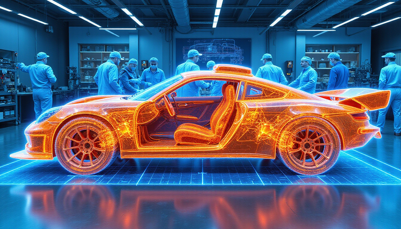 detailed racecar blueprint, aerodynamic airflow visualization, engineers analyzing performance data, high-tech workshops