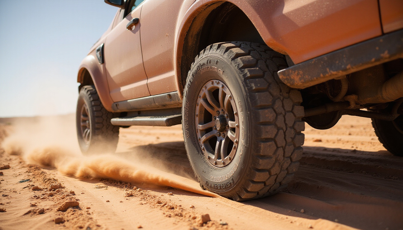 close-up of heavy-duty mud flaps on dusty desert race terrain, dynamic action
