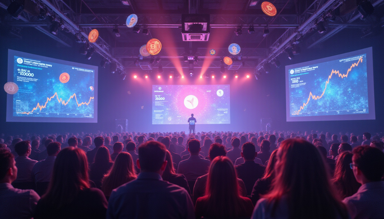  vibrant networking conference with holographic charts and crypto tokens floating above attendees