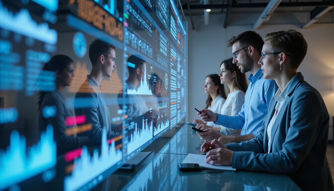 Business professionals collaborating with intelligent agents visualizing real-time data insights on transparent screens