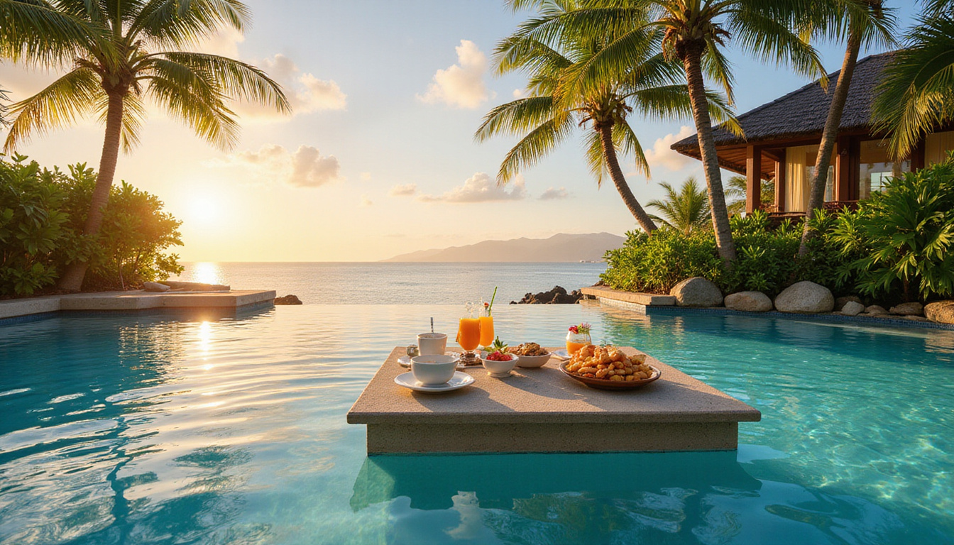 tropical paradise villa pool with elegant floating breakfast setup under palm trees at sunrise