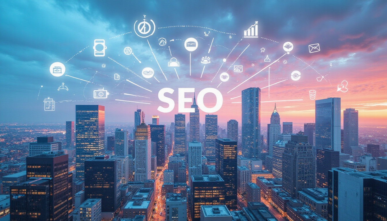 vibrant city skyline with digital SEO icons floating, boosting real estate online visibility