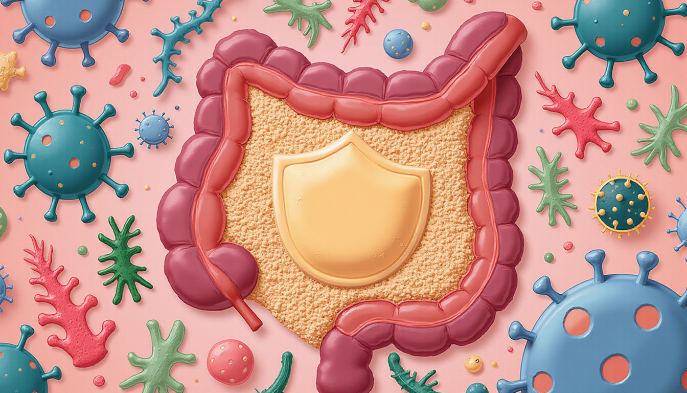 healthy gut lining surrounded by beneficial microbes, shield protecting body from viruses, detailed anatomy illustration