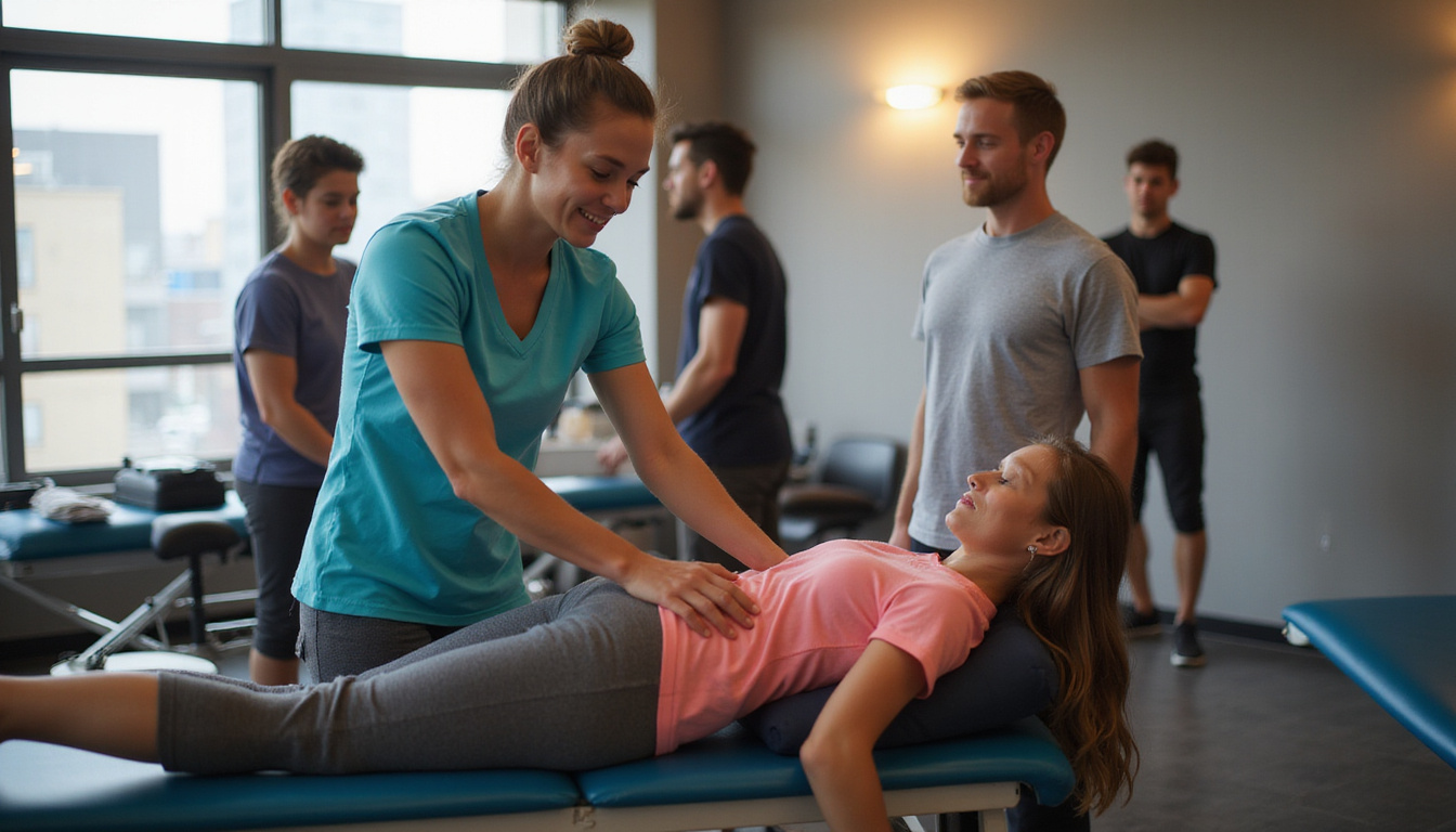 diverse group of people doing lumbar spine physiotherapy, modern clinic setting, warm lighting