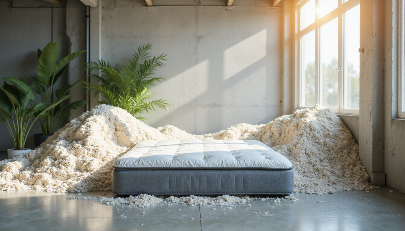 sustainable mattress disposal, biodegradable materials, clean urban recycling facility, daylight sunlight