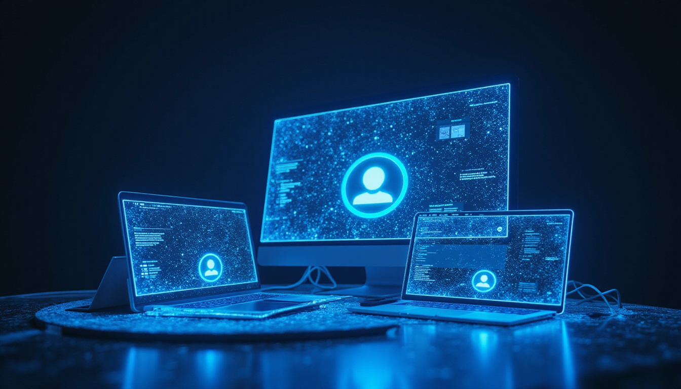 seamless customer support interface on multiple devices, futuristic digital communication network glowing neon blue