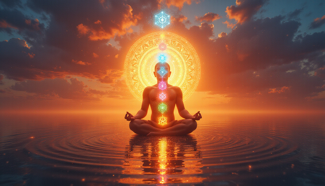 Ancient symbols and radiant chakras illuminating a peaceful yogi at sunrise