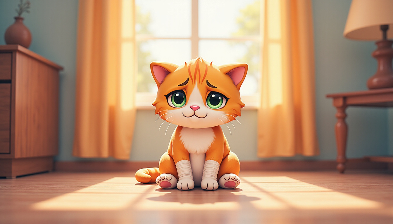 sad cat with bandaged paws sitting quietly indoors, soft lighting