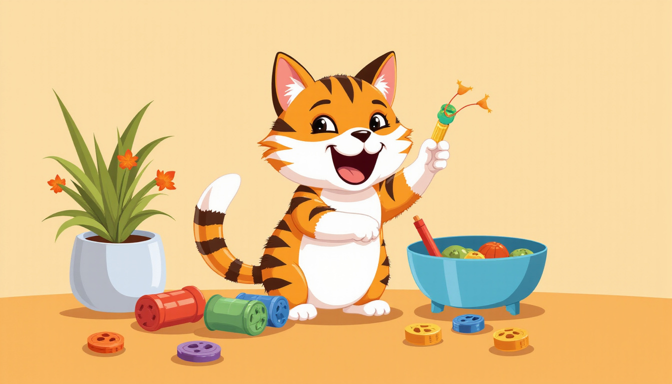 happy cat playing with toys, vibrant colors, safe claw alternatives nearby