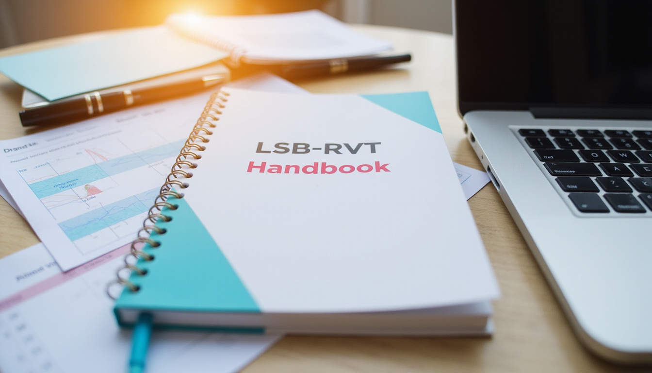 Close-up of the LSB-RVT Handbook on a desk, surrounded by notes and a laptop, bright lighting