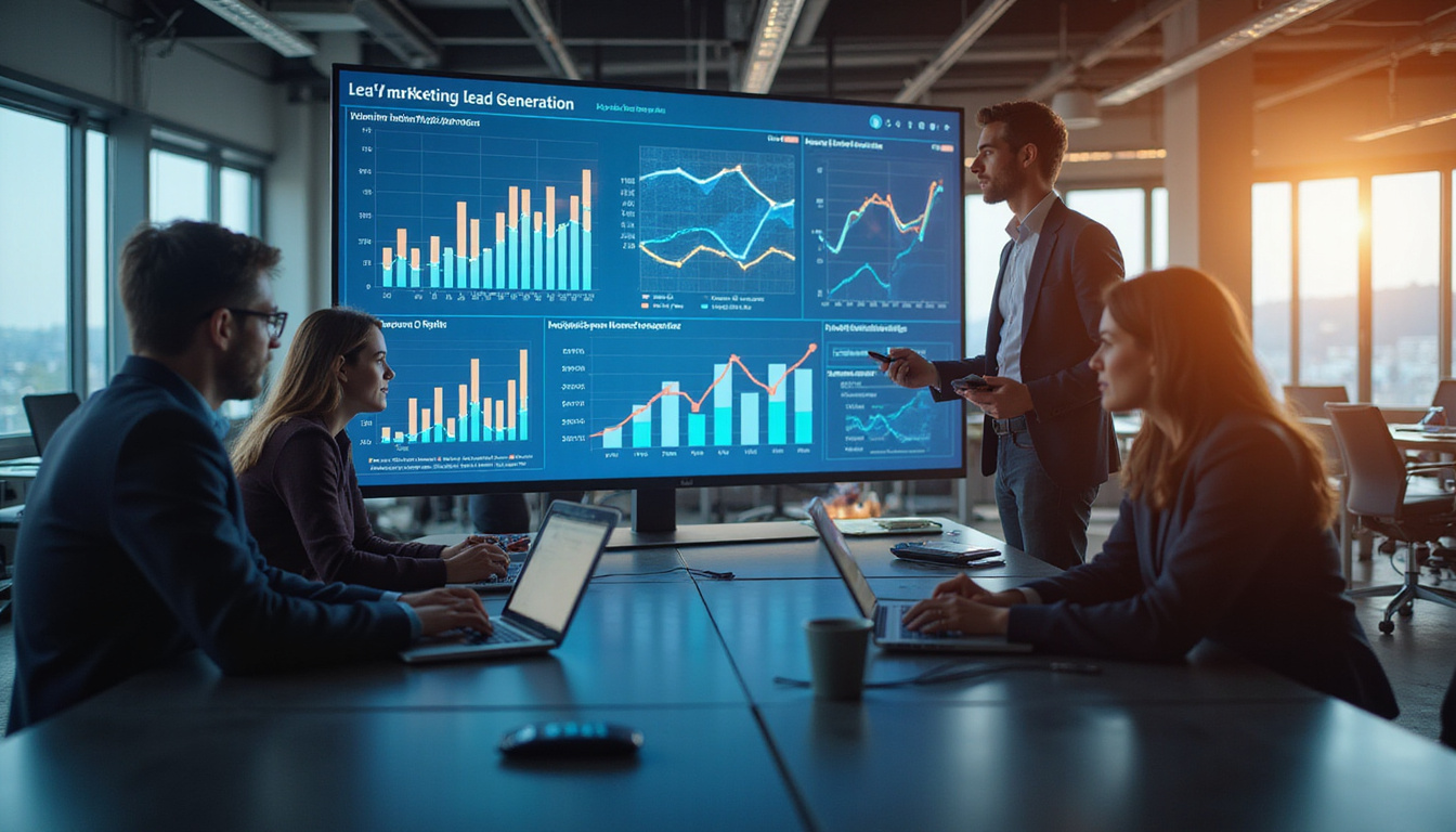dynamic marketing team optimizing lead generation, digital screen with graphs and charts, modern office setting