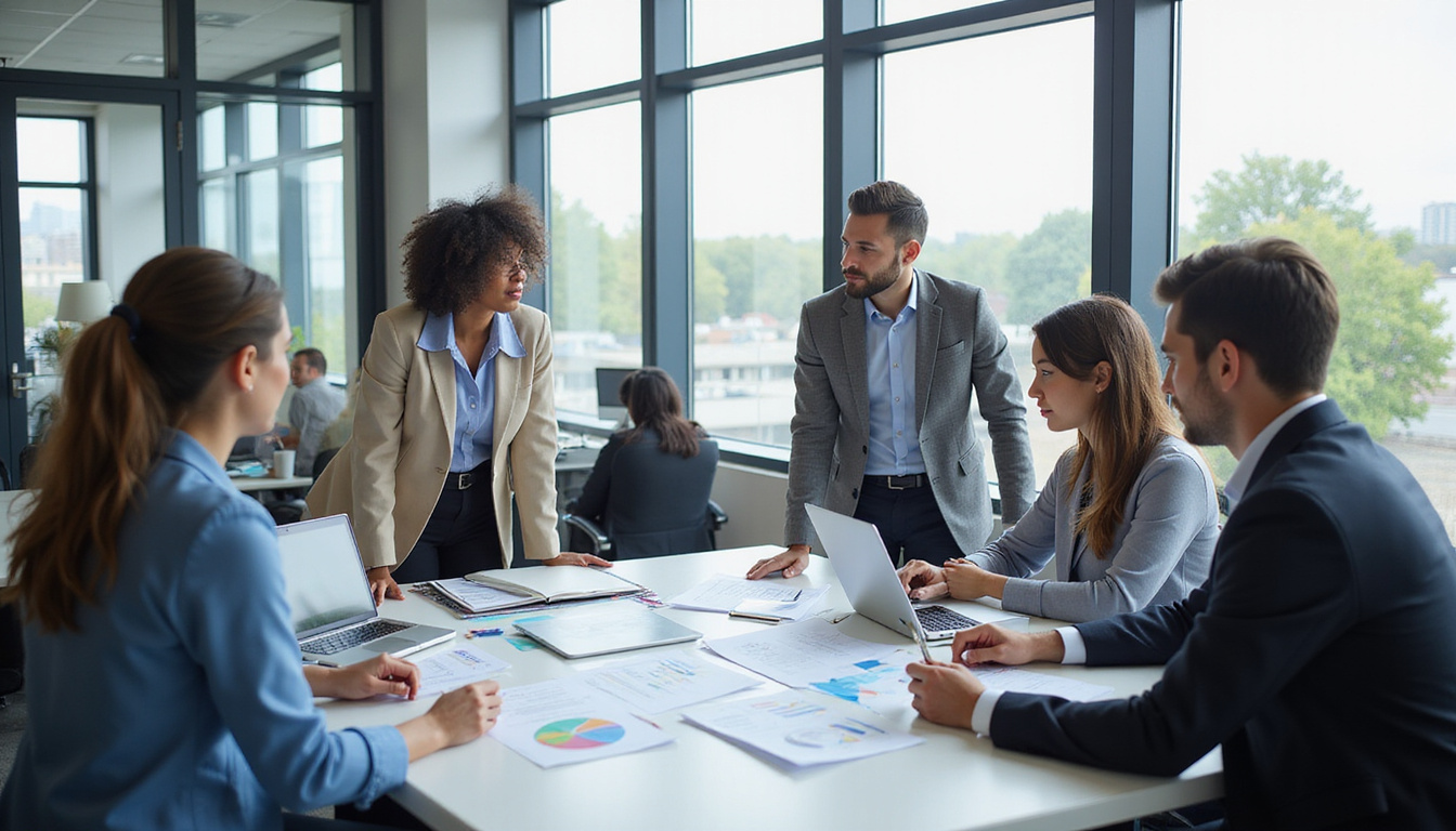  Diverse team collaborating over federal contracts, charts and laptops in modern office setting