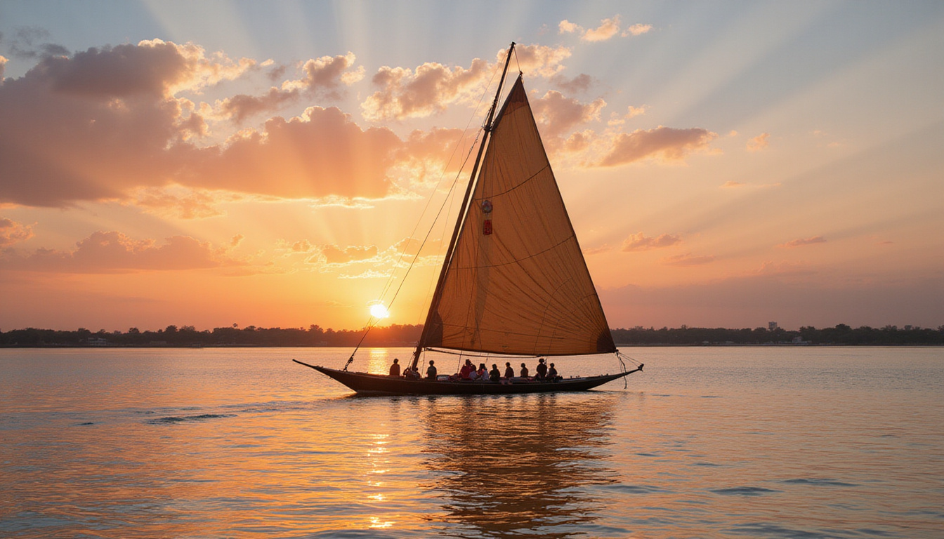  Traditional Egyptian felucca gliding smoothly over calm river waters under a vibrant sky
