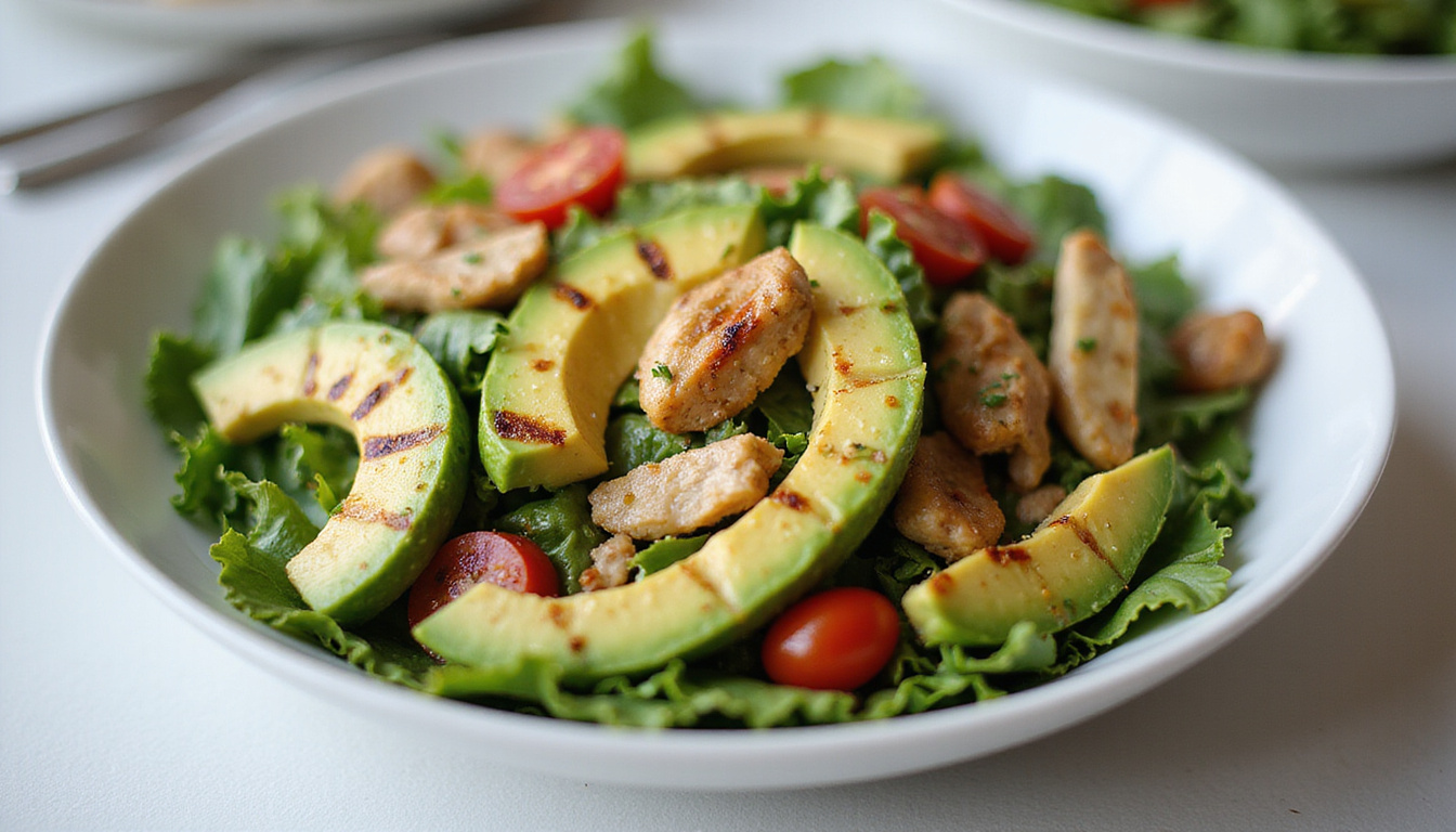 Fresh avocado salad with grilled chicken and keto-friendly ingredients, vibrant colors