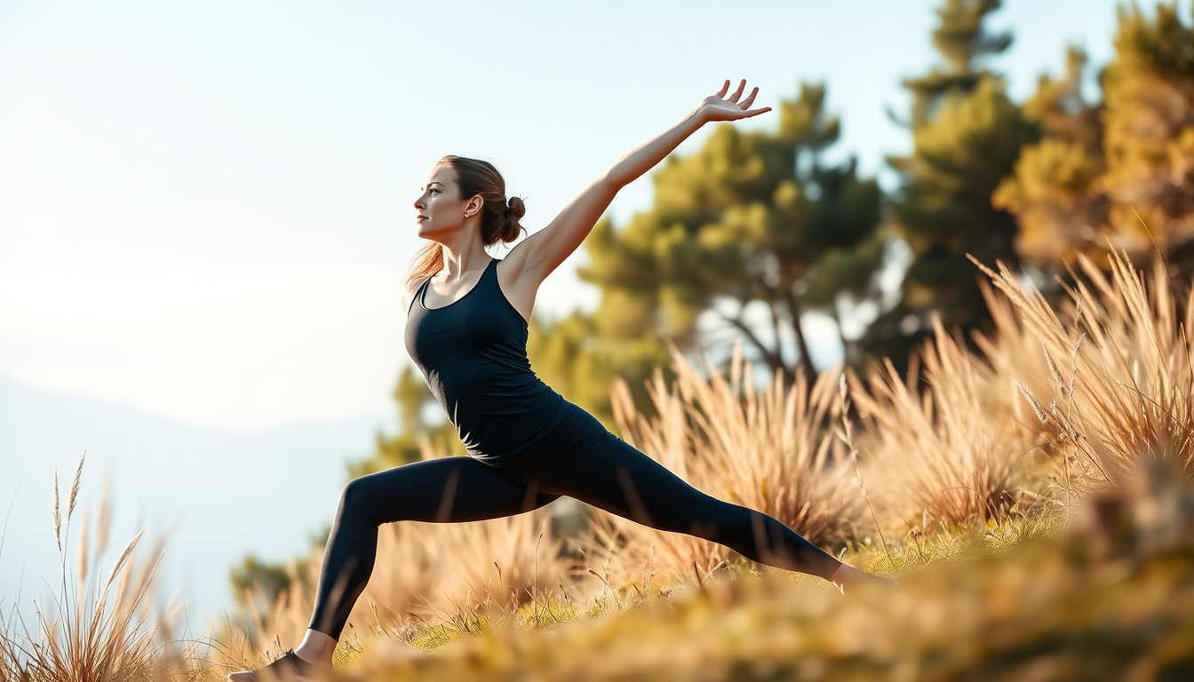 Woman doing yoga in nature, emphasizing joint flexibility and wellness