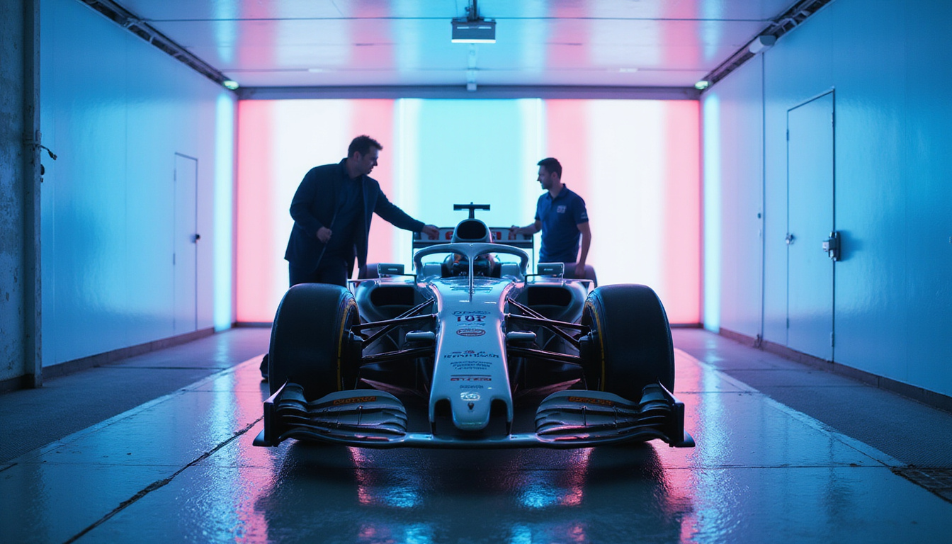 High-tech wind tunnel testing racecar model, engineers analyzing drag reduction and aerodynamic efficiency