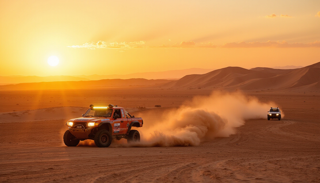 Rugged Baja 1000 racers navigating sharp turns and large sand dunes at sunset