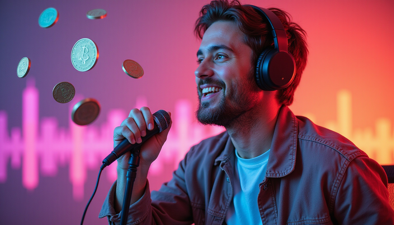  Enthusiastic podcast host with headset, vibrant sound waves and digital coins floating