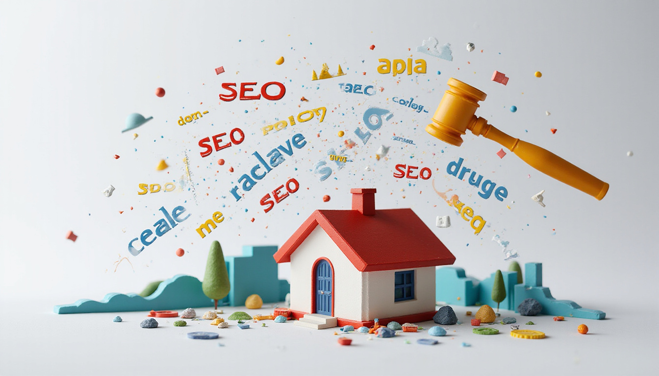 Strategic SEO keywords floating over a house auction, dynamic business concept, vibrant colors