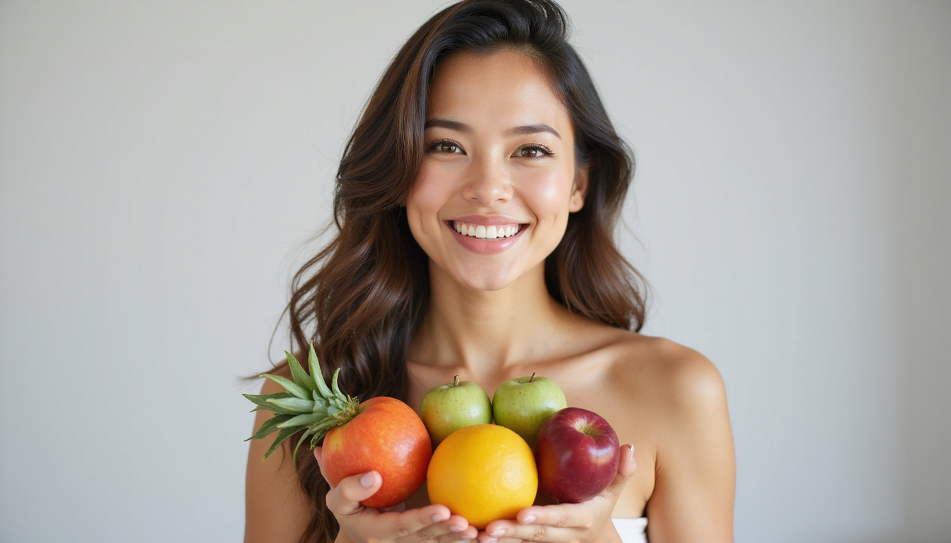 smiling woman holding fresh fruits, balanced diet, glowing skin, and gut health symbols