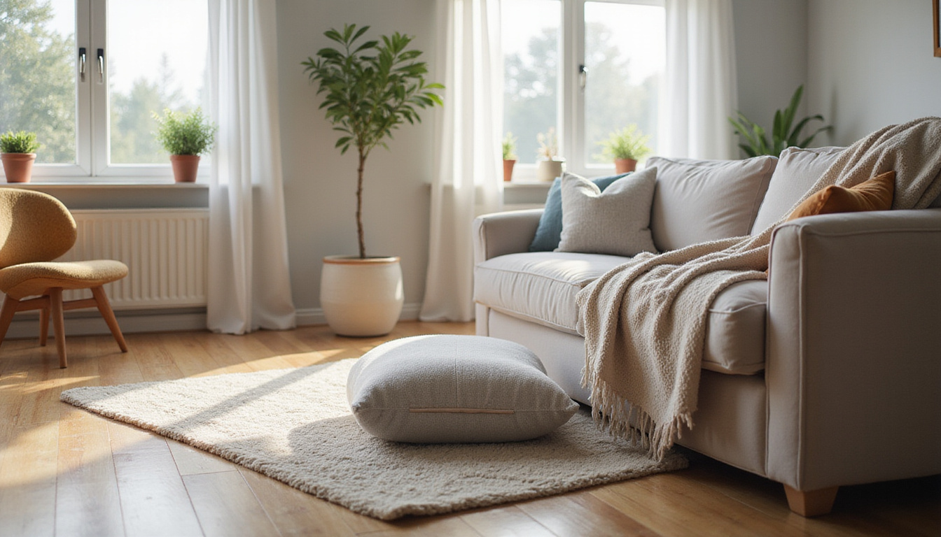 Cozy living room with supportive sciatic pain relief pillow, calm and bright ambiance