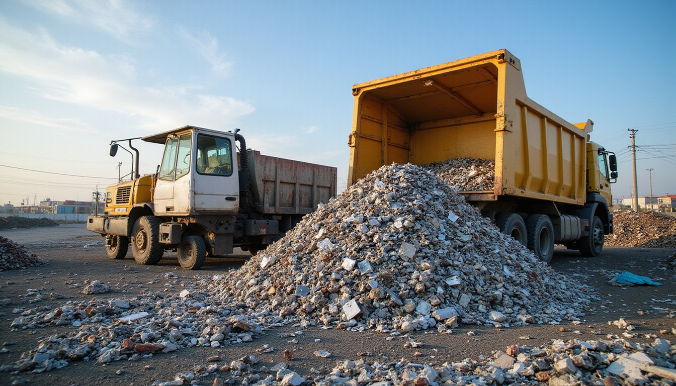 Efficient waste management concept, scrap metal piles being loaded, clean urban environment, eco-friendly industry