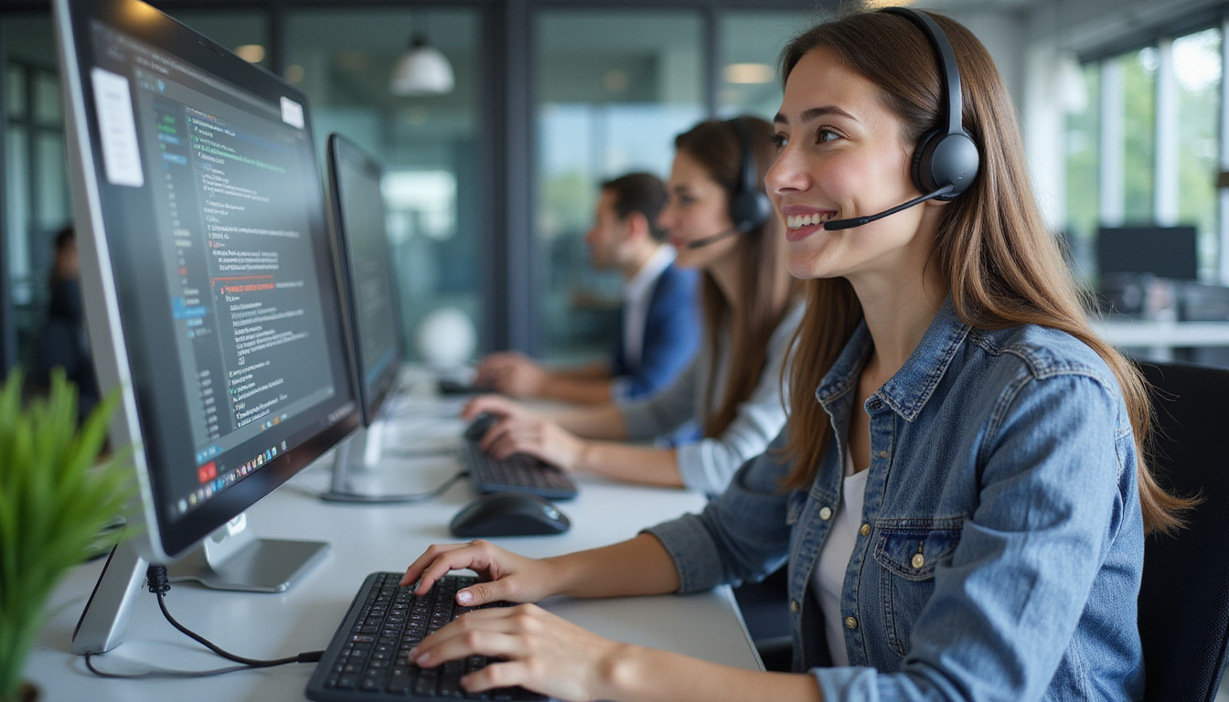 customer service team happily managing calls on multiple screens, efficient workspace, bright lighting