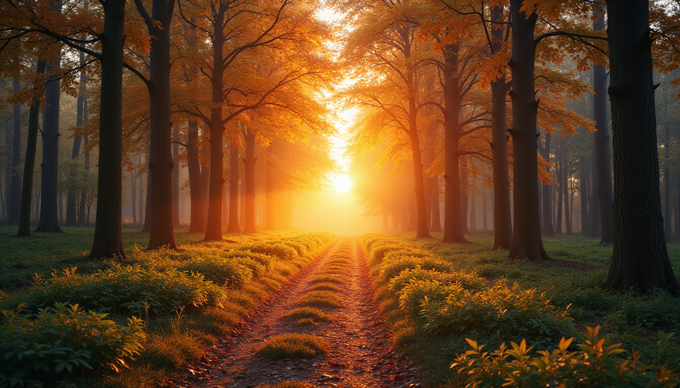 serene forest path with radiant sunrise symbolizing spiritual awakening and transformation