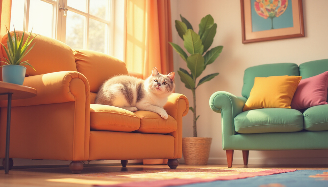Curious cat rubbing face on living room furniture, cozy home environment, warm lighting