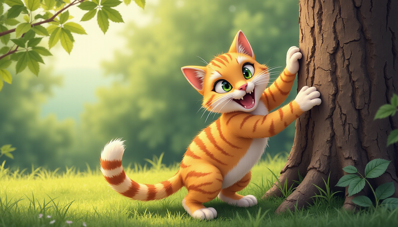 Fierce cat scratching tree trunk outdoors, intense gaze, natural garden setting, sunlight filtering through leaves