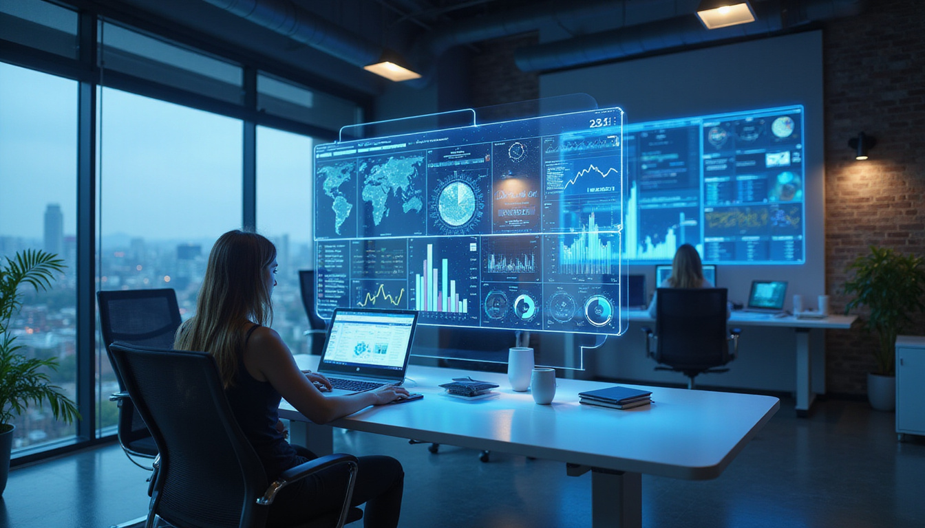  sleek office with holographic customer data interfaces, dynamic charts illuminating modern workspace