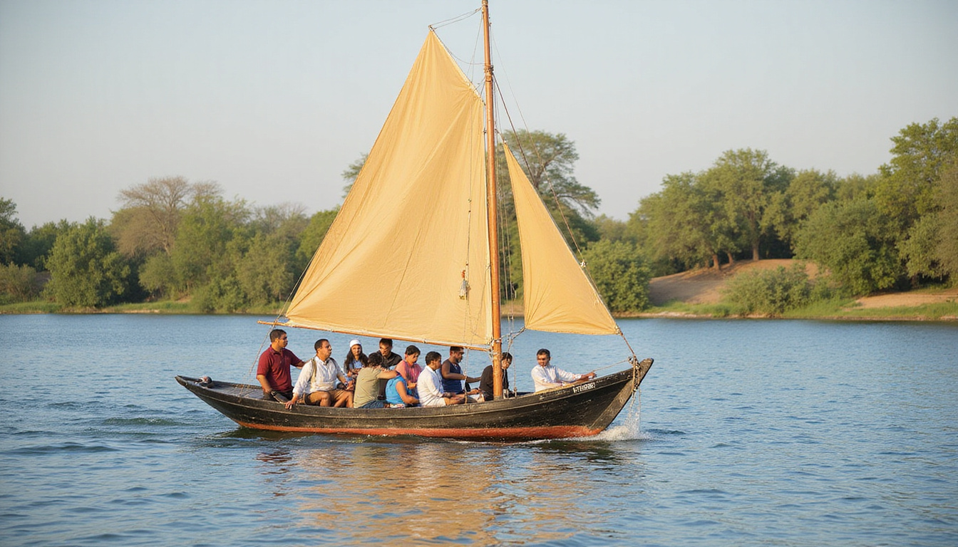 Tourists enjoying a traditional felucca boat ride on the tranquil Nile, lush riverbanks visible