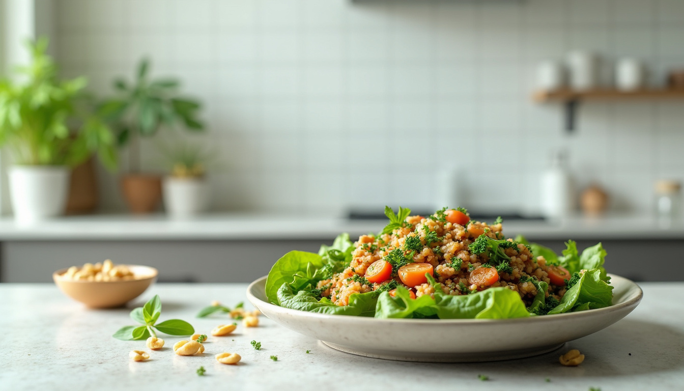 vibrant vegan dishes with leafy greens and nuts, clean minimalist kitchen background