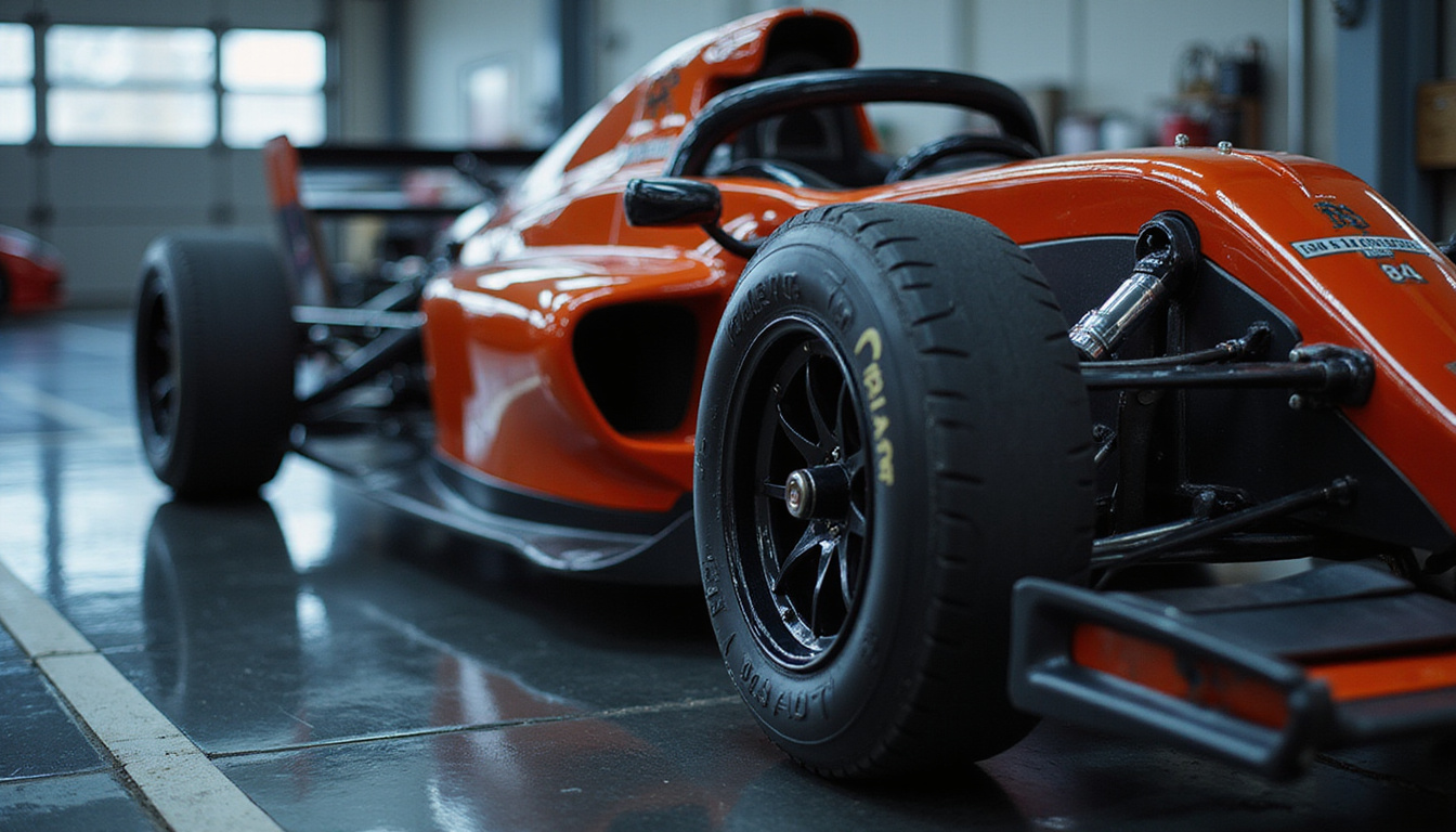 Close-up of racecar suspension system in motion, showcasing power and fine-tuned mechanical detail