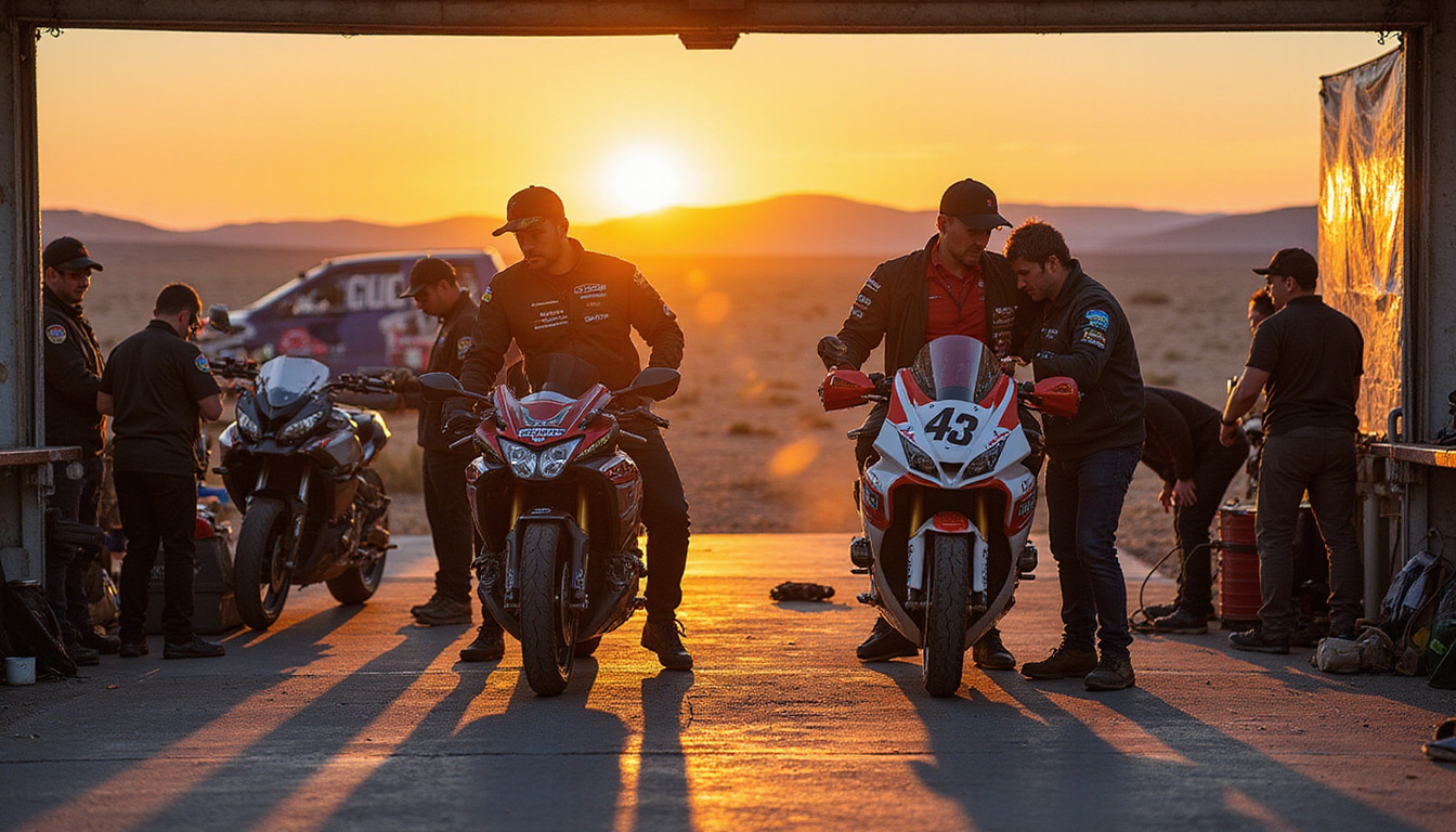 Customized Baja 1000 race prep, high-speed motorcycles, mechanic checks, sunset background